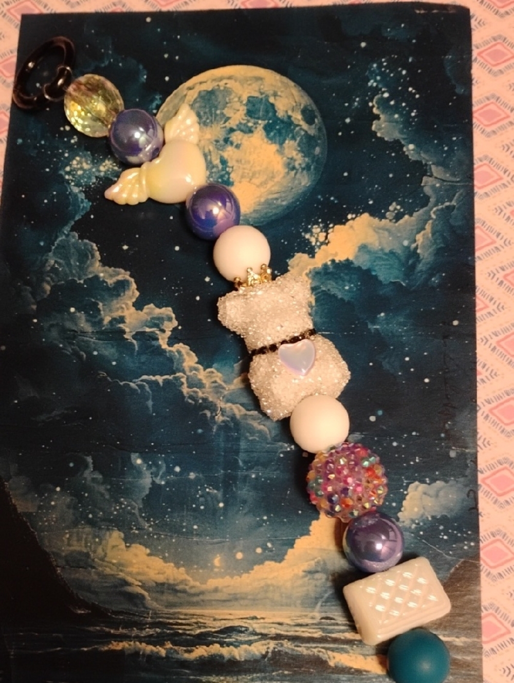 Pastel Cloudy Moon Bead Keychain — Purple, White, Blue